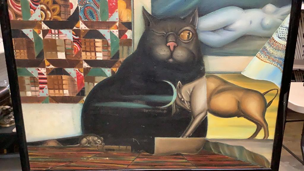 Contemporary Oil Painting, The Black Cat: 29 x 25 inches...the cat sits with one eye closed, nude painting in background..mouse at cats feet..on reverse is Russian Artist signature ?? And dated 1990