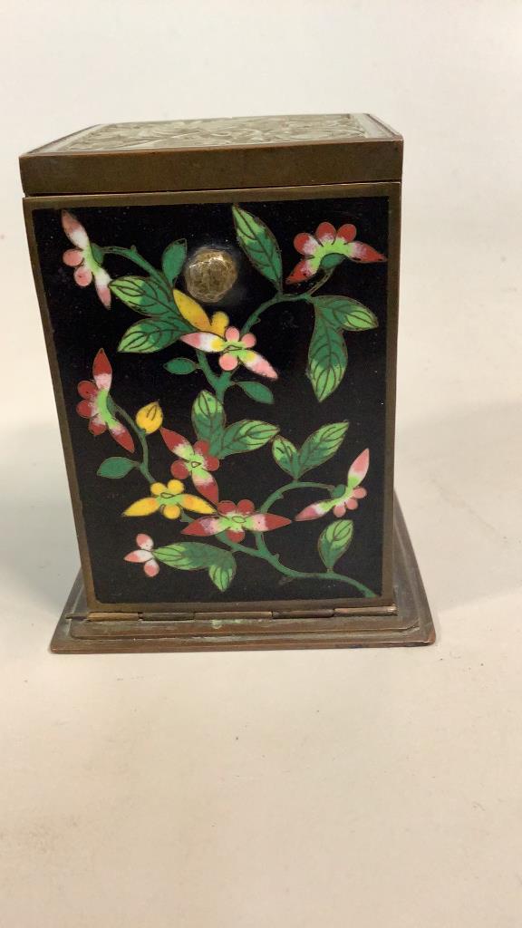 Cloisonné Table Box: Unusual design ..4 x 2.5 inch box with a pull out front, top with pierced carved Jade panel….black with multi colors