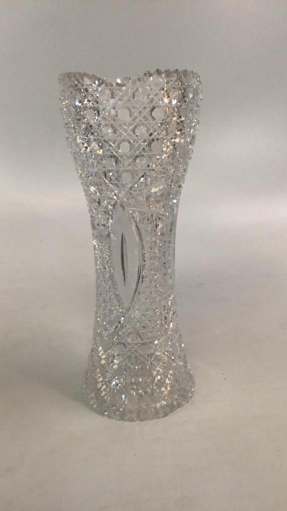 Beautiful Cut Glass Tall Vase: 16 inch vase in Propeller Design by Parsche and Son…* some chips to teeth at rim,