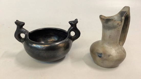 2 Pieces Catawba Indian Pottery: Black Clay bowl with bear handles 4.5 x 5 inches, glossy finish..unsigned..,63/4 inch small ewer...mottled gray, and black clay...smooth base...unsigned * Bear bowl has small repair