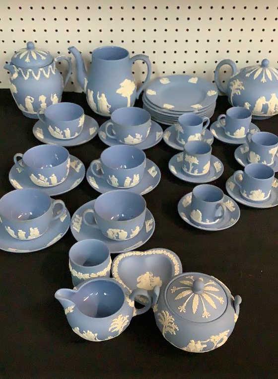 38 Pieces Wedgwood Jasperware: Dessert Or Tea Service cup sets, demitasse, cream, sugar, pin dish, cake plates, pitcher, tea pot, cream jug