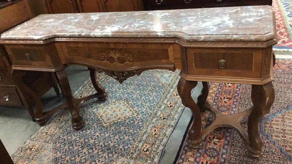 Inlaid Italian Rocco Sideboard: Center silverware drawer missing pulls, urn with fruit inlay, marble top, some finish wear 83 wide x 38 tall x 22 deep