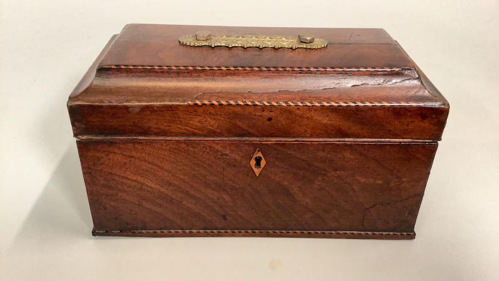 Tea Caddy: 10 x 6 inches, barber pole string inlaid box, fitted interior with metal bottles and lidded compartment…* replaced metal on lid…some loss to inlay..#110