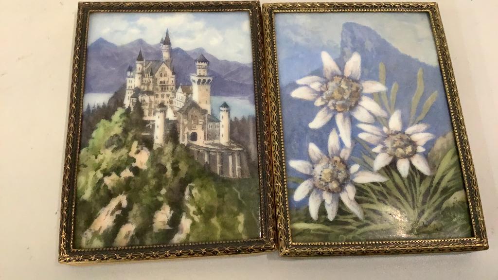 2 Miniature Paintings on Porcelain: Each 4 inches, mountain flowers, stamped on reverse H. Frey…Mch. And #867…castle scene also stamped on reverse Hans Frey..Munchen..