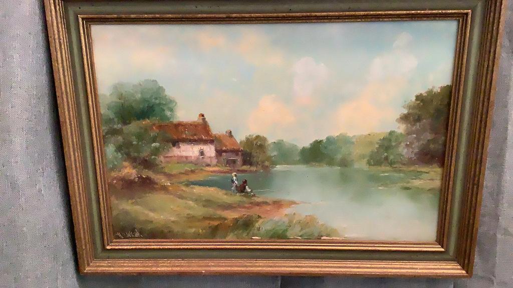 Oil on Canvas, Children Fishing: By H.A. Whittle…Signed lower left…( Henry Armstrong Whittle…1834-1904…Scotland)…17 x 12- sight…mounted in painted wood frame. * paint loss lower edge center
