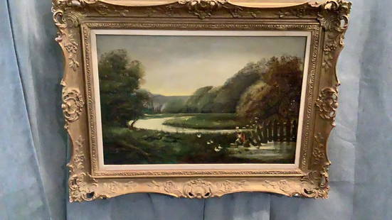 Stanislas Lepine Oil on Canvas: Figures in a Landscape with geese…unsigned..23 x 16 sight, mounted ornate frame