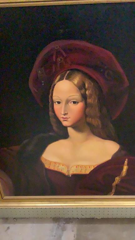 Oil on Canvas, Portrait Renaissance Woman: 29 x 36 inches sight, a reproduction work shows woman with velvet gown, flowing hair and headdress…mounted in gilt tone wood frame