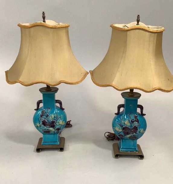 Pair Asian Porcelain Vase Lamps: Moon flask form glazed porcelain vases, deep teal with elephant trunk handles…lotus and Ginko with cranes…23 inch tall lamps, stamped with a Bee on neck of one, mounted non rolled foot brass stand