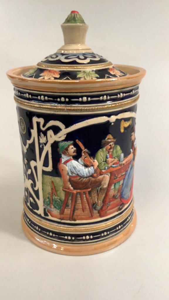 Mettlach Goebel Canister: 12 inches tall to finial …interior tavern scenes..traditional dark blue ground