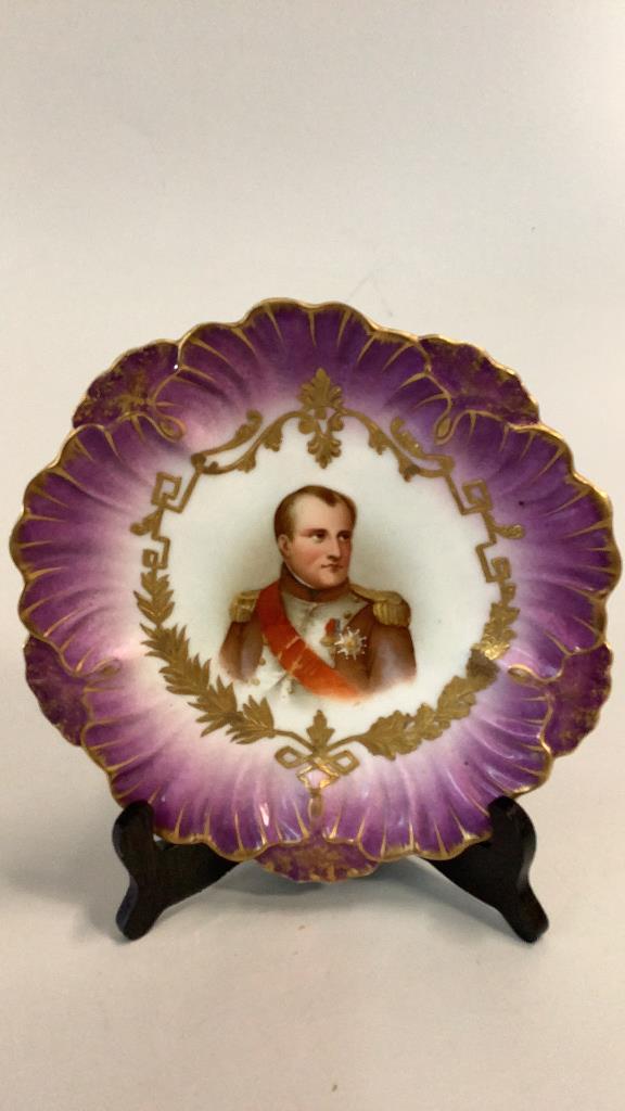 Sevres Porcelain Portrait Plate, Napoleon: Lovely memorial cabinet plate with hand painted portrait of Napoleon…signed at left arm…Movilla. ?presented in ombré shaded purple and gilt on a petal rim …reverse mark for Sevres…date 1754��