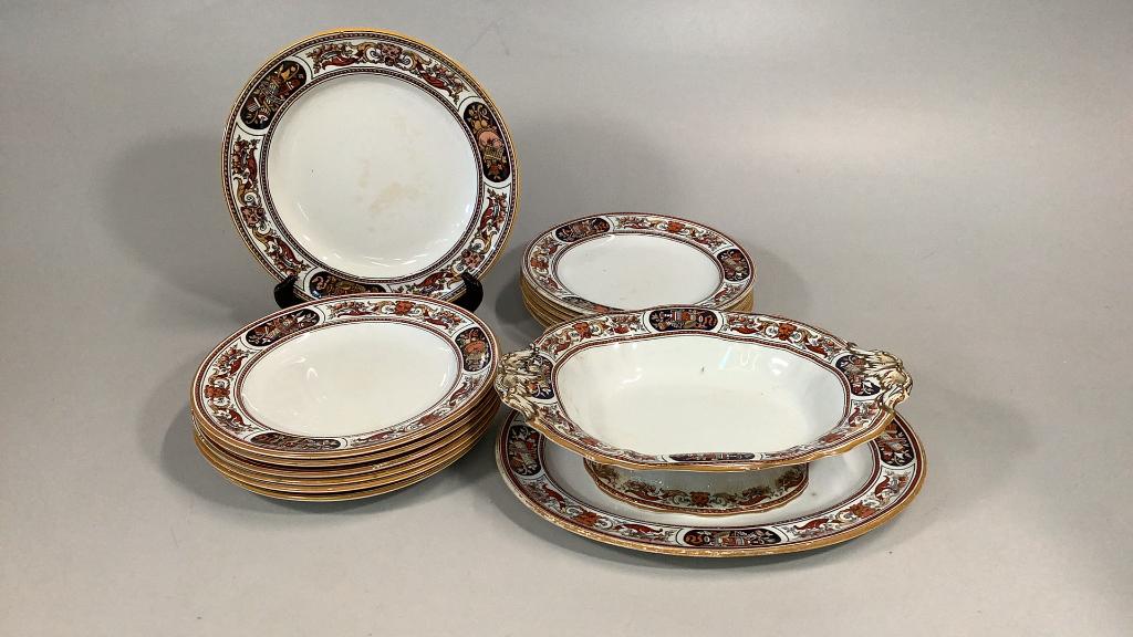 14 Pieces Minton, Trophy: 12 inch open compote, 13 inch oval platter, 7-10 inch plates, 6-9 inch plates…registry marks, impressed Minton * normal wear for age…some staining…#53,54