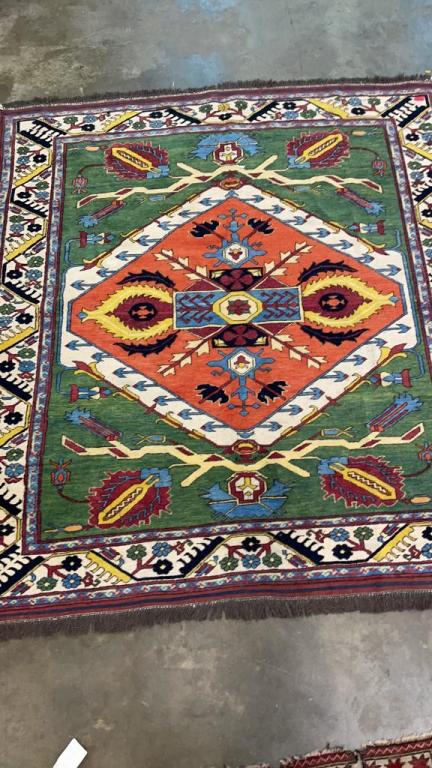 Vintage Hand Knotted Turkis Area Rug: 7 ft x 6ft 4in Vibrant colors, good condition