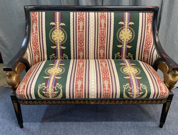 Neo Classical Carved Settee: Carved eagles on arms, clean upholstery, sturdy