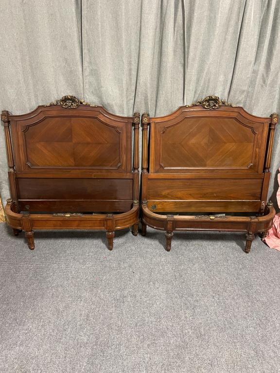 Pair French Provincial Twin Beds: Carved, marquetry inlay