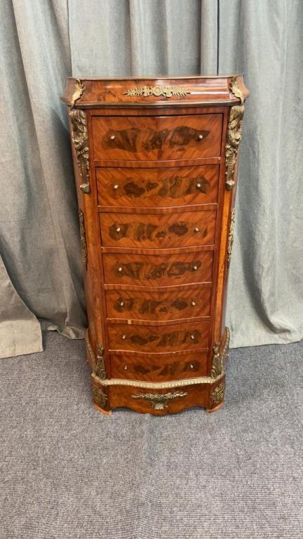 Rococo Lingerie Chest: Burl Walnut accents, brass ormolu mounts, 50 tall x 26 wide x 16 deep