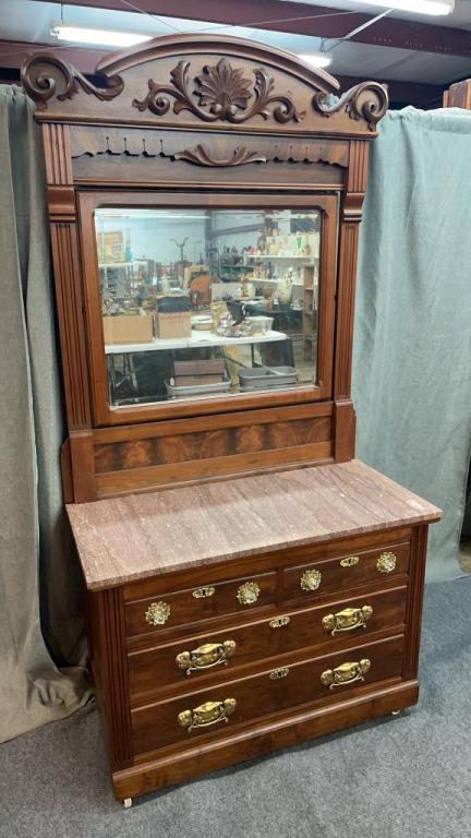 Walnut Marble Top Dress W Mirror (1 of 3)