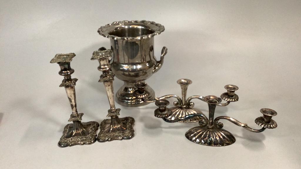 Silver Plate Chiller, 2 Pair Candlesticks (1 of 5)