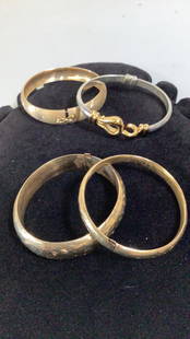 4 Bangle Bracelets, Some Gold: 14 K Gold And Silver Knot Style, 10 K Open Bangle, 2 Others No Marks