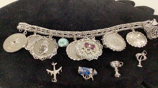 Sterling Charm Bracelet: 10 charms on chain…4 Loose charms not attached