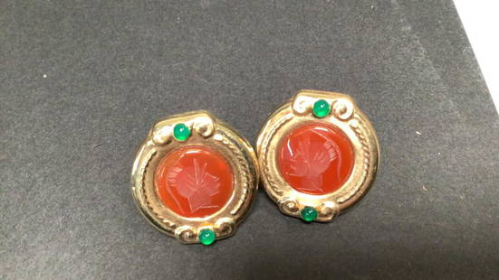 14K Gold Earrings: Circle clip earrings, carnelian intaglios...green imitation stones, marked 14K, 8.8 grams