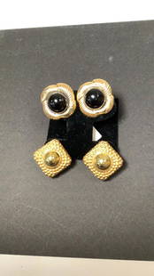 2 Pairs 14K Gold Earrings: Pair Square with center round black dome…pair of square gold beaded and raised centers..marked Italy, 585, 25.0 grams