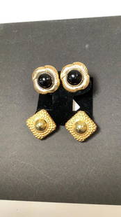 2 Pairs 14K Gold Earrings: Pair Square with center round black dome…pair of square gold beaded and raised centers..marked Italy, 585, 25.0 grams