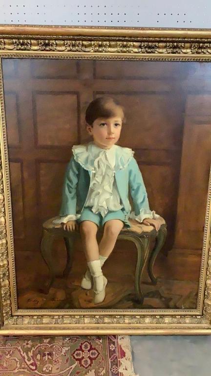 Oil on Canvas, Portrait of Young Boy: A wonderfully rendered image of young child posed within an interior setting…clothing style suggests this may be a later painting of a period piece…regardless the innocence of the child is