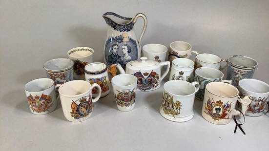 17 Pieces Coronation China: Commemoration Pieces for British Royalty includes Transfer pitcher for the Prince of Wales&#8230;King George and Elizabeth, King Edward, Queen Victoria..* some with rim chips