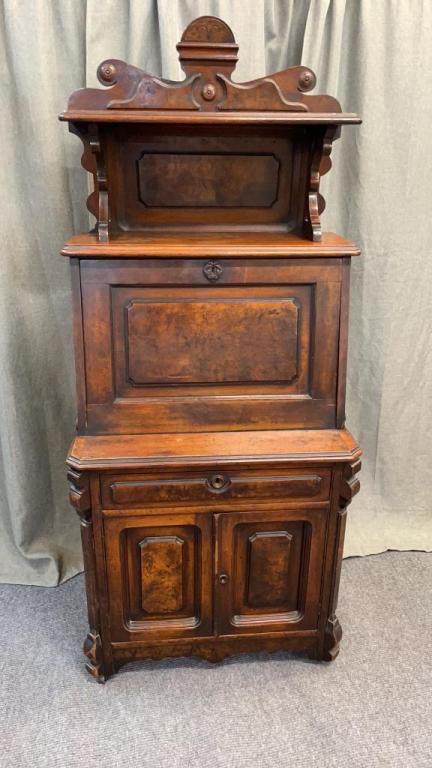 Burl Walnut Eastlake Secondary: Fall front, birds-eye maple interior 69 tall x 30 wide x 18 deep