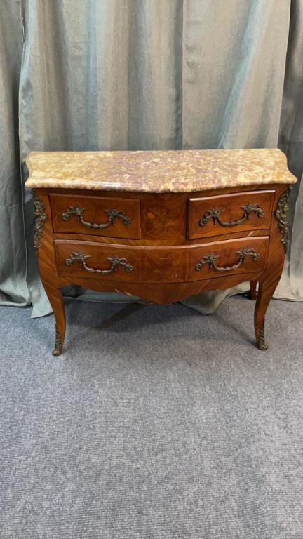 Louis XV inlaid Marble Top Commode: Flower and string inlay, brass ormolu mounts, hand dovetailed drawers some missing elements, see photos, 33 tall x 47 wide x 21 deep
