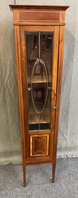 Inlaid Walnut Italian Curio Cabinet: LIine Item # 149 Beveled glass,String inlay, 59 tall x 14 wide x 13 deep