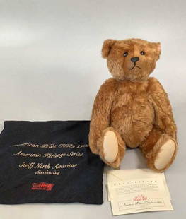 Steiff American Pride Limited Edition Bear: Produced 2004 for 100 year celebration of Button in ear…this 18 inch musical Bear plays God Bless America…#46 of 1909 …with certificate and canvas cover