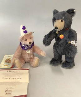 Steiff Teddy Clown, Watch Teddy: 1926 Teddy Clown Rose 33..#86/5,000…w certificate, hat collar …18 inch Watch Teddy in gray mohair…watch, red collar with bell..ear tag attached w/ button…no boxes