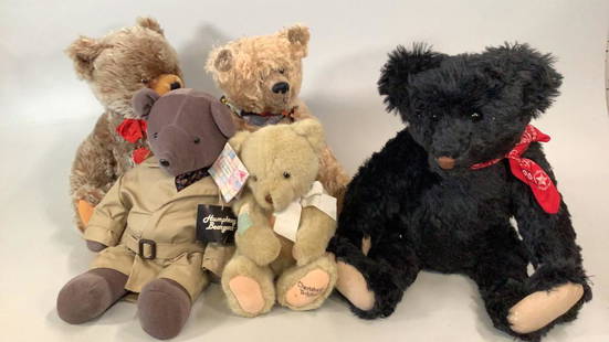 5 Teddy Bears: Humphrey Beargart by North American Co.,Dakin Cherished Teddy, blond fur, 22 inch jointed Bear in black by Shirley Meyer, 1993, 21 inch Bear with long blond fur by Bethlea, 22 inch light brown