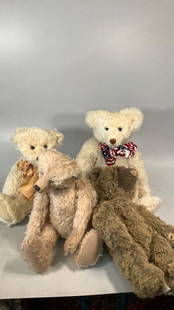 4 Hand Crafted Teddy Bears: 20 inch white curly hair by Donna Hodges, 23 inch white Bear by Shirley Meyers, dated 1993…19 inch jointed Bear in honey blond fur by Jane Cumme…1984 Fuzzy Bear made by Charlene