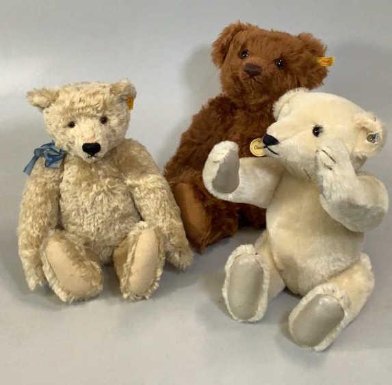 Steiff Bears: 1985 Margaret Strong Leather Paw, 16 inches #0158/41 ear tag and ribbon ( missing chest tag), Classic 1920 light blond #000683, ear button, yellow tag, Classic Bear, brown mohair, 16 inches #004513