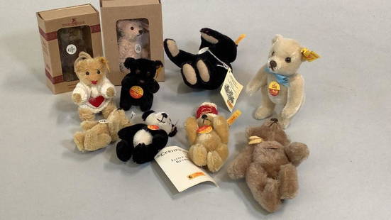 10 Steiff Miniature Bears: 3 are Steiff Club 1997, 1999, 2003…4 inch Little Foo Keyring, 4 nah blond bear#0203/14, 6 inch Schwarz Bear in black, 6 inch original Teddy in camel brown w/ chest tag, 3 inch black yellow