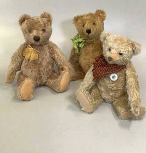 3 Steiff Bears: 17 inch curly hair, limited edition bear400513…w ear button, chest and ear tags…2- 18 inch bears, both have buttons but no tags…all loved and displayed condition