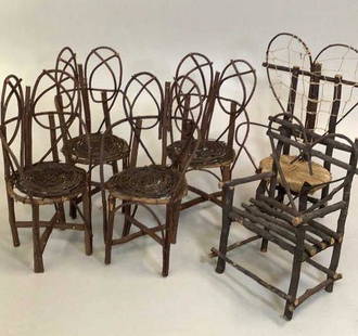 6 Pieces Twig Doll/ Bear Furniture: Set of 4 matching bent twig chairs @14 inches…12 x8 inch bent twig chair w/ heart back, 16 inch tall chair