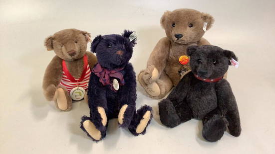 4 Steiff Limited Edition Bears: 10 inch seated pendant watch Teddy bar, #606502, signed on foot..all tags and watch, Naples Museum 1996 brown #665158, all tags, 13 inch dark blue fur 1909 replica bar…#406508…all