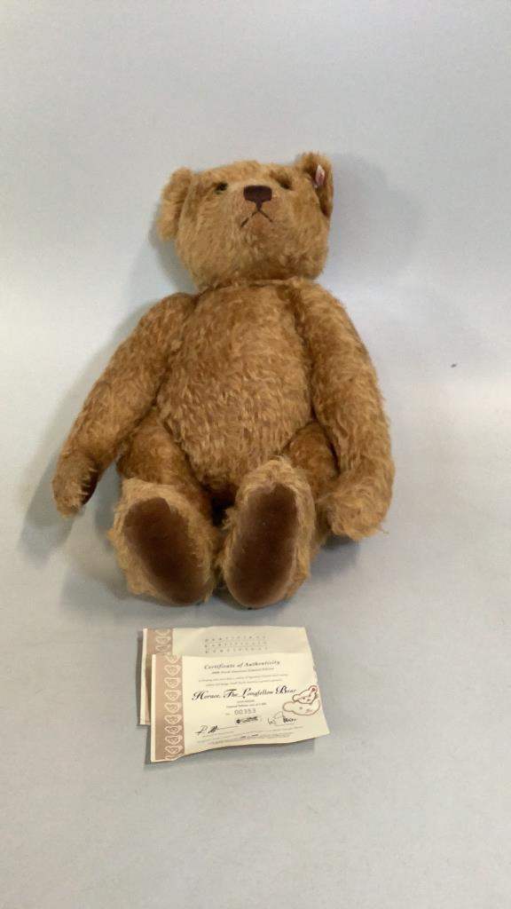Steiff Horace The Longfellow Bear: Limited edition produced in 2006…353/1500..24 inches tall..this charming fellow replicated from 1904 Bear which belonged to Granddaughter of Henry Wadswoth Longfellow…w/ certificate and ea