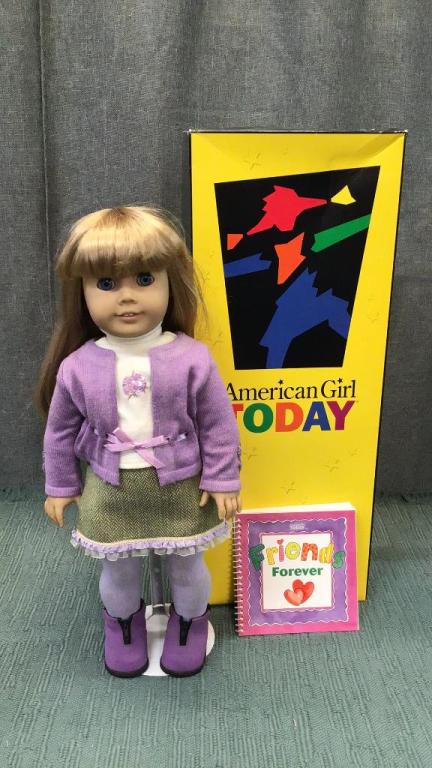 American Girl Today Go anywhere Doll: 18 inch with stand..blond hair blue eyes..dressed in go anywhere outfit with stockings and booties..dirt on face and hands..staining to clothes and stockings..soles of boots are slightly dirty..circa 