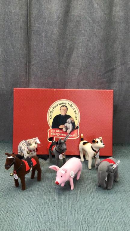 Steiff Jubilee Assortment: Commemorating the 150th birthday of Margarete Steiff..4-5 inch tall..velvet..donkey and horse with leather bridle and saddle..dog with leather collar..elephant with saddlecloth..cat with satin ribbon 