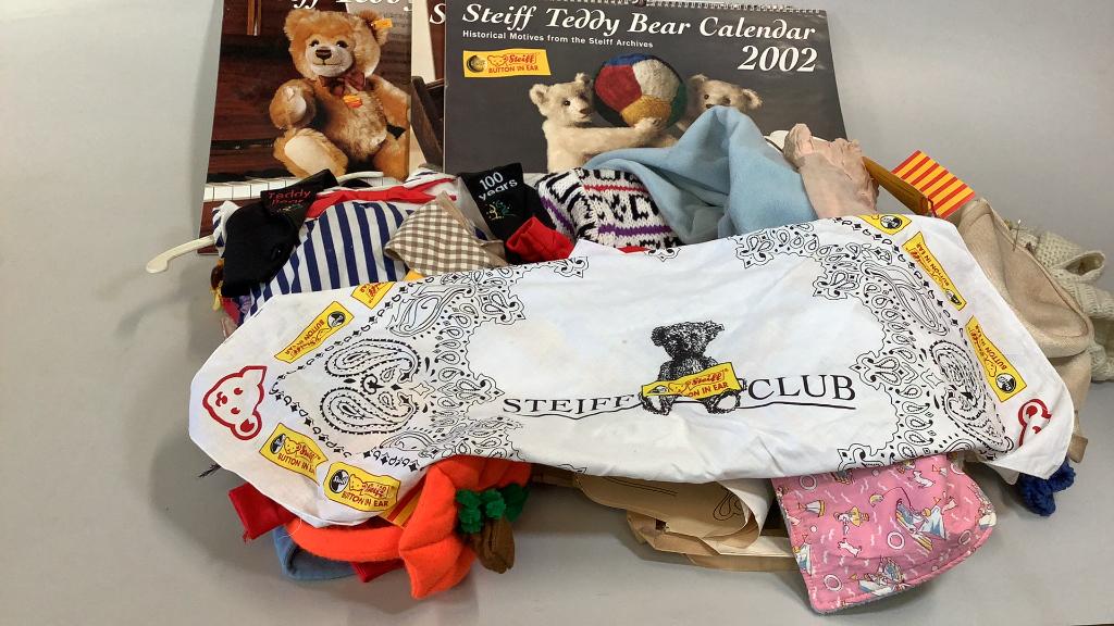 Group Steiff Accessories and Calendars: Clothing may be mixed, but includes Steiff