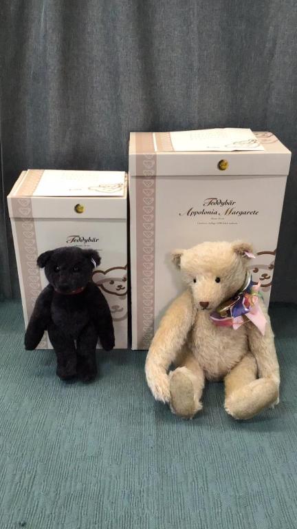 2 Limited Edition Steiff Bears: 18 inch Appolonia Margarete..blond mohair with felt pads..crier..multicolor bow at neck..head is loose but attached..2004 edition #0062/5000..13 inch Teddy Bear..black alpaca mohair..red leather colla