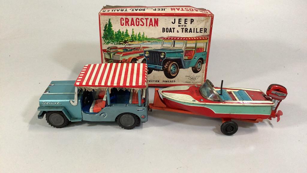 Cragstan Friction Jeep w/ Boat and trailer: Made in Japan, good condition but has been boxed and stored…