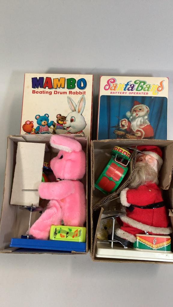 2 NOS Battery Operated Action Toys: Both made in Japan…Santa Band and Mambo Beating Drum Rabbit