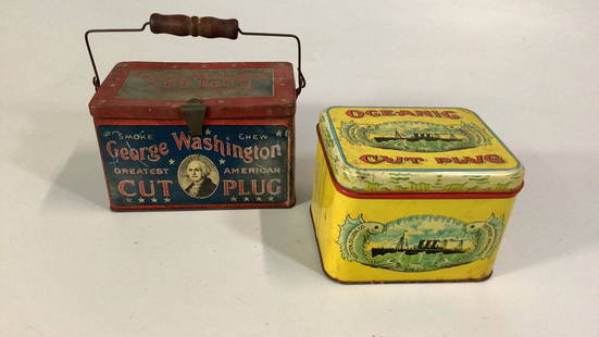 2 Tobacco Tins: 5 x 8 inchGeorge Washington tin with bail handle, 5 x 6 inch Oceanic Tin, lift off lid&#8230;.both good graphics with light scratches and wear