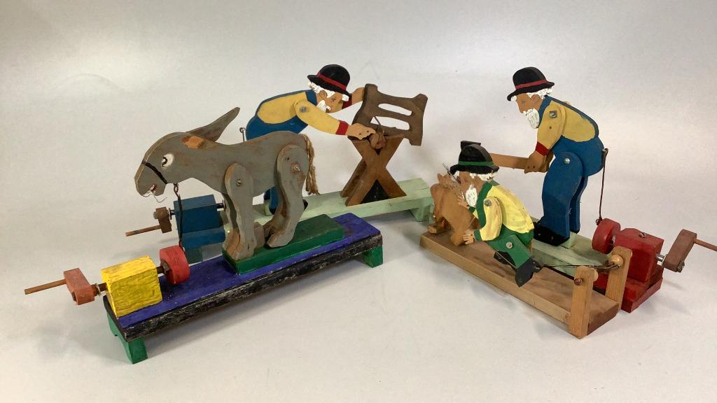 4 Folk Art WoodennToys: Wood Choppers, Runaway Pig, kicking mule