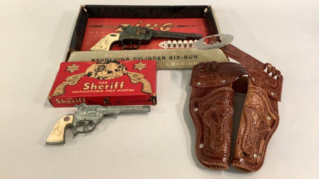 Western Cap Gun, Rodeo Cap Gun, Toy Holster: #48 Wagon Train #48 cap gun, NOS…Rodeo cap gun, a Sheriff Repeating toy pistol Box ( only no gun)…heavy plastic holster ( no guns)
